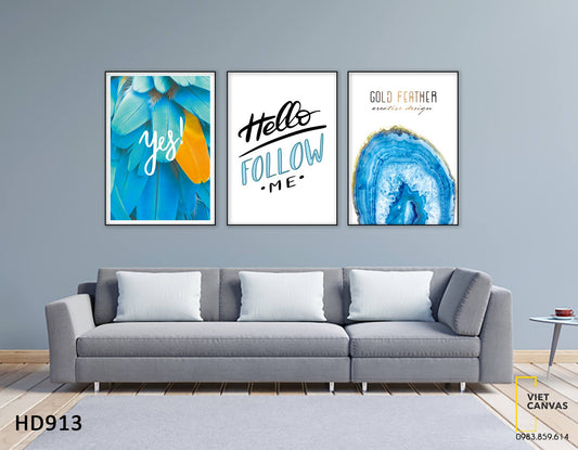 Bộ 3 Tranh Lá Cây, Vân Gỗ Và Quotes Hello Follow Me - HD913