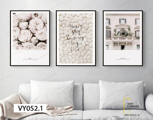 Bộ 3 Tranh Hoa Và Ngôi Nhà Nền Trắng - VY052.1