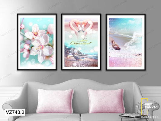 Bộ 3 Tranh Hoa Đào, Đôi Chim, Hồng Hạc Và Bãi Biển - VZ743.2