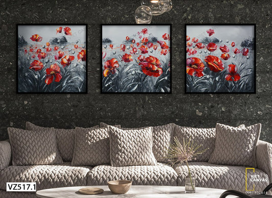 Bộ 3 Tranh Vườn Hoa Đỏ Rực Rỡ - VZ517.1