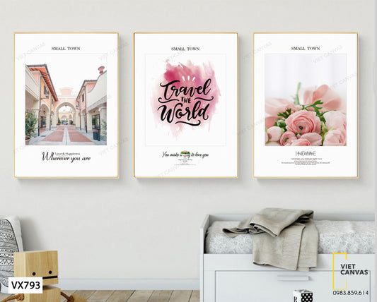 Bộ 3 Tranh Quotes, Hoa Hồng Và Tòa Nhà Ngọt Ngào - VX793