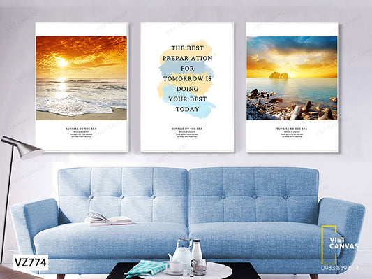 Bộ 3 Tranh Hoàng Hôn Trên Biển Và Quotes - VZ774