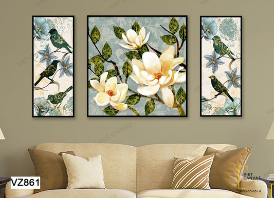 Bộ 3 Tranh Hương Hoa Thu Hút Đàn Chim - VZ861