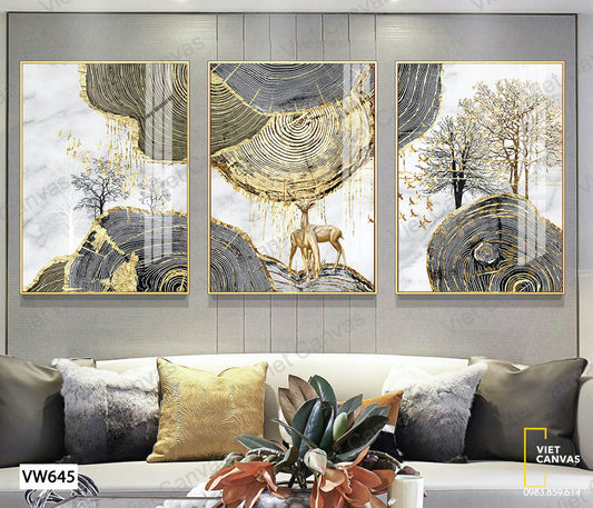 Bộ 3 Tranh Hươu Và Vân Gỗ - VW645