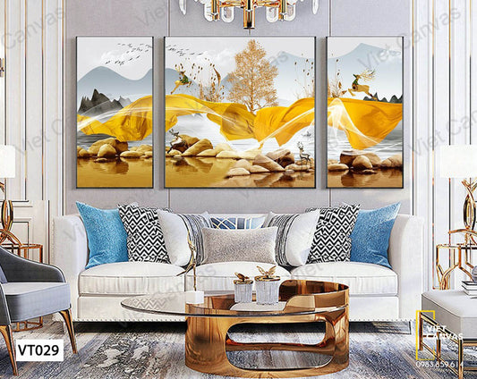 Bộ 3 Tranh Hồ Đá Và Vải Lụa - VT029