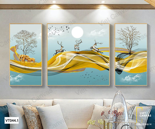 Bộ 3 Tranh Hươu Và Vải Lụa - VT044.1