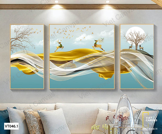 Bộ 3 Tranh Hươu Và Vải Lụa - VT046.1