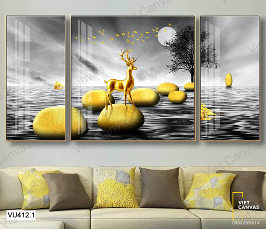 Bộ 3 Tranh Hươu Trên Những Viên Đá Vàng - VU412.1