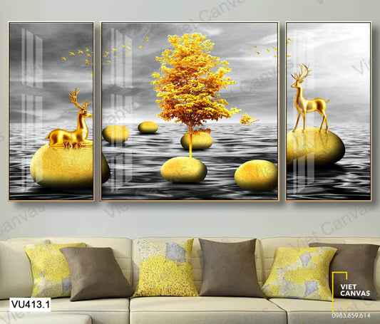 Bộ 3 Tranh Hươu Trên Những Viên Đá Vàng - VU413.1