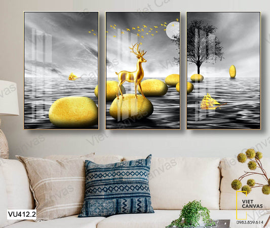 Bộ 3 Tranh Hươu Trên Những Viên Đá Vàng - VU412.2