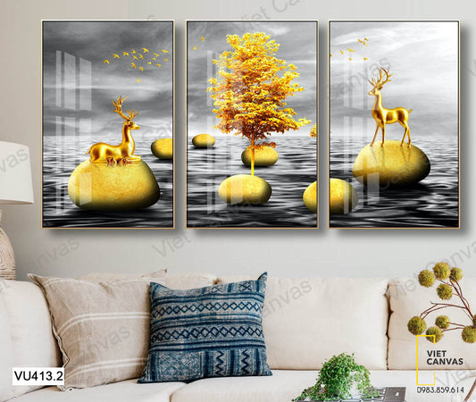 Bộ 3 Tranh Hươu Trên Những Viên Đá Vàng - VU413.2