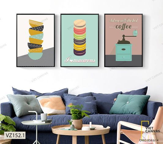 Bộ 3 Tranh Chén, Bánh Ngọt Và Máy Xay Cà Phê - VZ152.1