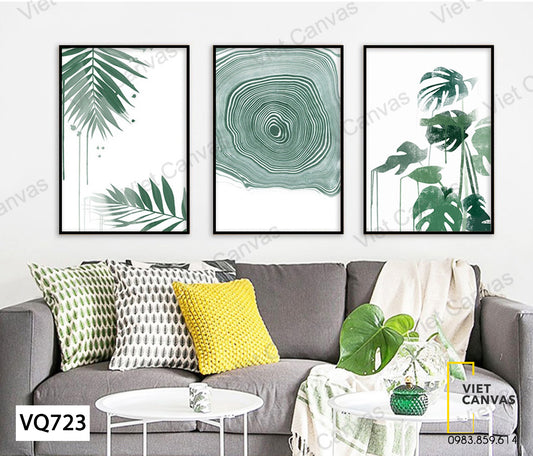 Bộ 3 Tranh Lá Cây Xanh Và Vân Gỗ - VQ723