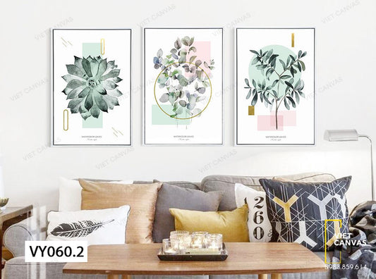 Bộ 3 Tranh Lá Và Sen Đá Xinh Xắn - VY060.2