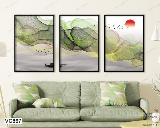 Bộ 3 Tranh Người Lái Đò Trên Sông Dưới Ánh Hoàng Hôn - VC867