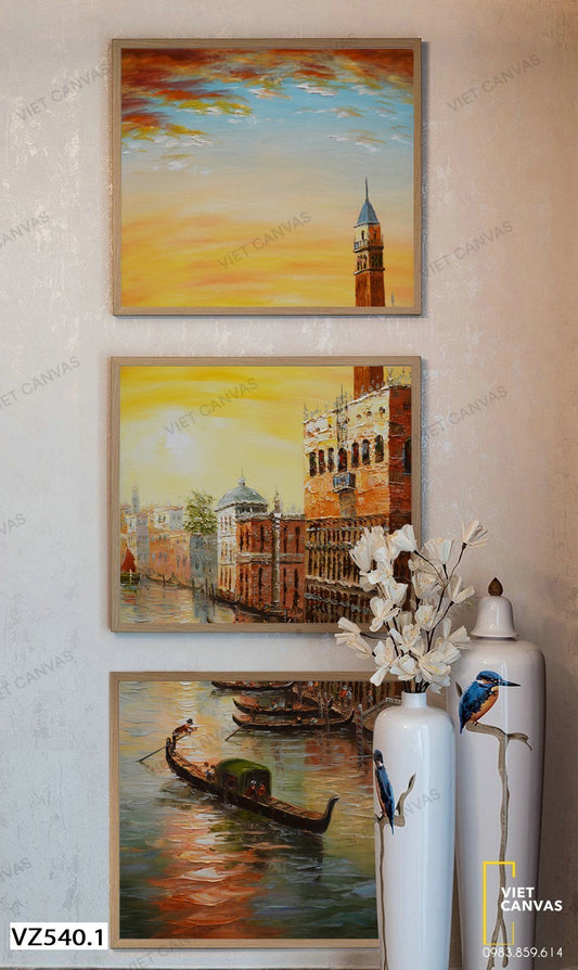 Bộ 3 Tranh Nhà Cổ Điển Bên Sông - VZ540.1