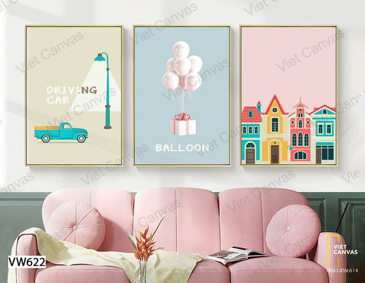 Bộ 3 Tranh Ô Tô Bóng Bay Và Tòa Nhà - VW622