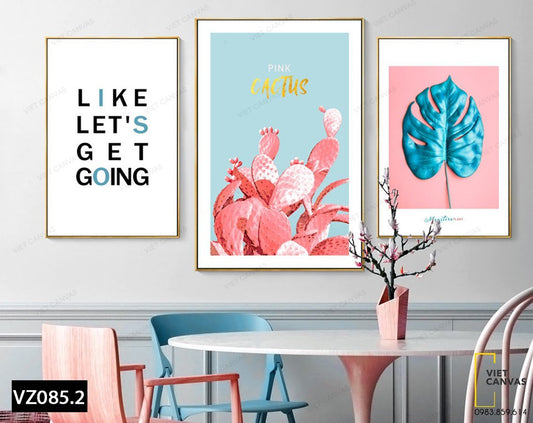 Bộ 3 Tranh Xương Rồng, Lá Cây Và Quotes - VZ085.2