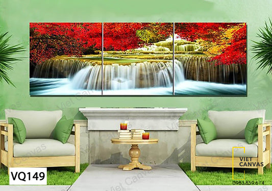 Bộ 3 Tranh Rừng Lá Đỏ Và Thác Nước - VQ149