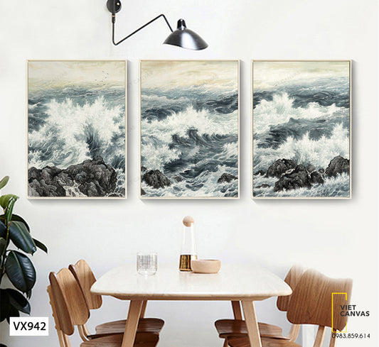 Bộ 3 Tranh Sóng Xô Trên Những Tảng Đá - VX942