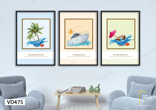 Bộ 3 Tranh Cây Dừa, Chiếc Thuyền Và Cốc Nước - VD475
