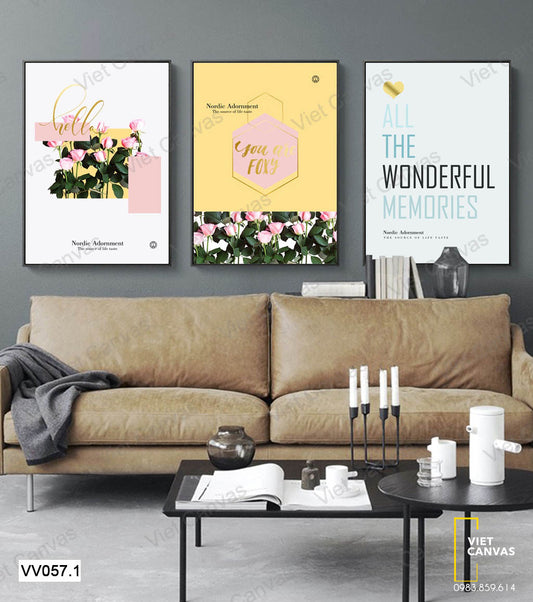Bộ 3 Tranh Hoa Hồng Nở Và Quotes - VV057.1