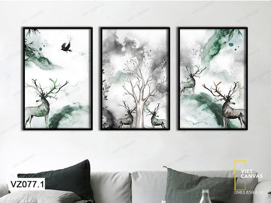 Bộ 3 Tranh Hươu Bên Cây Lá Rụng - VZ077.1