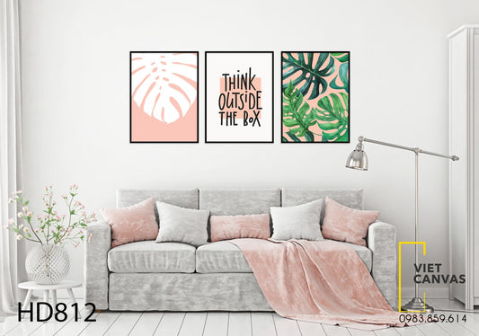 Bộ 3 Tranh Lá Cây Và Quotes Think Outside The Box - HD812