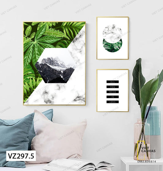 Bộ 3 Tranh Lá Cây Xanh, Đồi Núi Và Quotes - VZ297.5