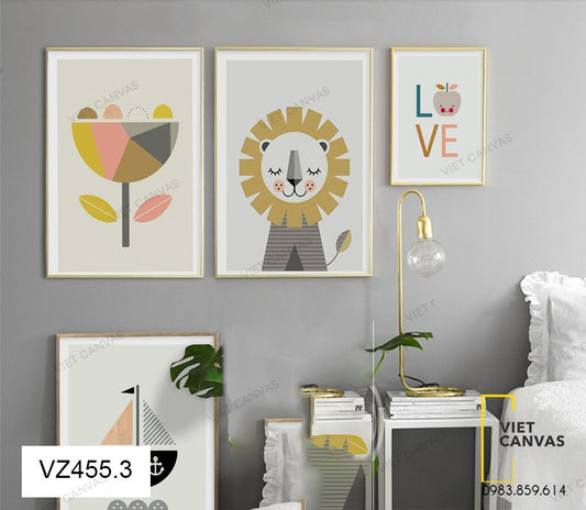 Bộ 3 Tranh Sư Tử, Cây Hoa Và Quotes - VZ455.3