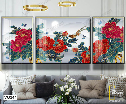 Bộ 3 Tranh Vườn Hoa Và Chim Bướm - VU341