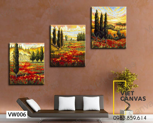Bộ 3 Tranh Vườn Hoa Tulip Và Hàng Cây Xanh - VW006