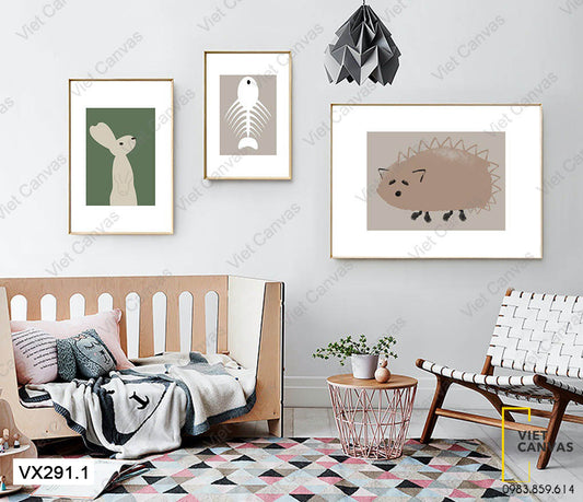 Bộ 3 Tranh Xương Cá, Chú Thỏ Và Con Nhím - VX291.1