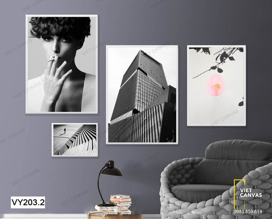 Bộ 4 Tranh Cô Gái, Tòa Nhà Và Bông Hoa - VY203.2
