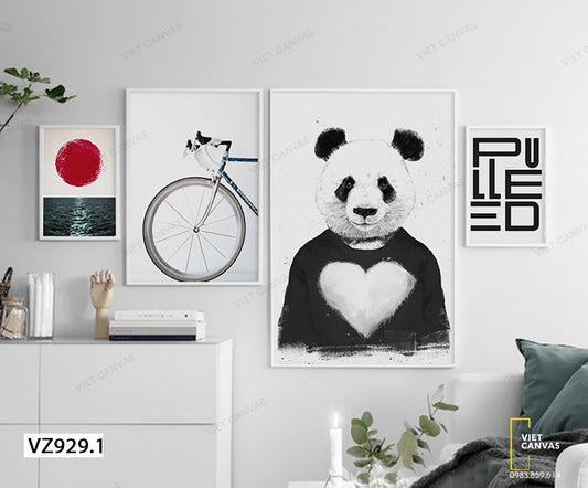 Bộ 4 Tranh Gấu Trúc Dễ Thương, Chiếc Xe Đạp Và Cảnh Biển - VZ929.1