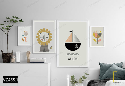 Bộ 4 Tranh Sư Tử, Thuyền Và Hoa - VZ455.1