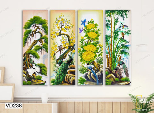 Bộ 4 Tranh Hoa Lá Cây Mùa Xuân Tươi Mới - VD238