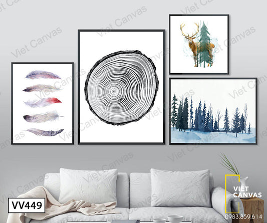 Bộ 4 Tranh Lông Vũ Và Rừng Thông - VV449