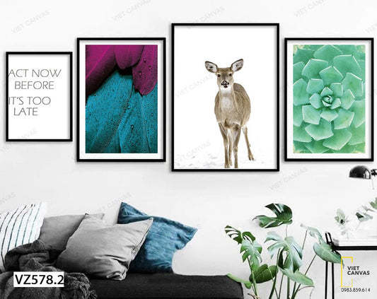 Bộ 4 Tranh Hươu, Lông Vũ, Sen Đá Và Quotes - VZ578.2