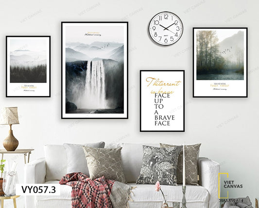 Bộ 4 Tranh Sương Phủ Núi Đồi, Thác Nước Và Quotes - VY057.3