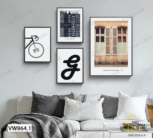 Bộ 4 Tranh Khu Phố, Khung Cửa Sổ, Chiếc Xe Và Quotes - VW864.1