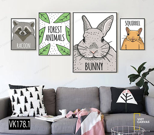 Bộ 4 Tranh Động Vật Ngộ Nghĩnh Và Lá Cây - VK178.1