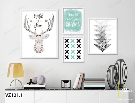 Bộ 4 Tranh Hươu, Hình Học, Dấu X Và Quotes - VZ121.1