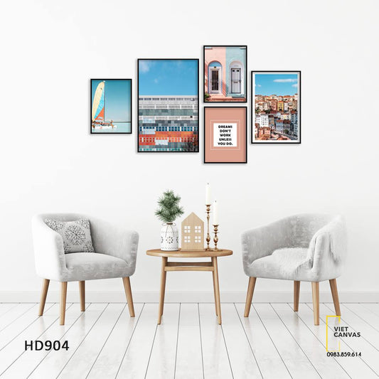 Bộ 5 Tranh Thành Phố Sắc Màu, Khung Cửa Sổ, Cánh Buồm Và Quotes - HD904