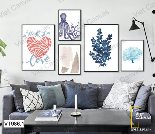 Bộ 5 Tranh Bạch Tuộc Và Hoa Lá - VT986.1