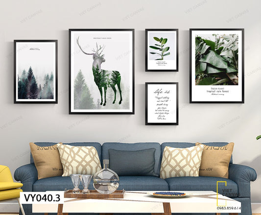 Bộ 5 Tranh Hươu, Lá Cây, Rừng Thông Và Quotes - VY040.3
