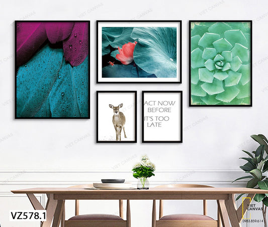 Bộ 5 Tranh Hươu, Sen, Sen Đá, Lông Vũ Và Quotes - VZ578.1