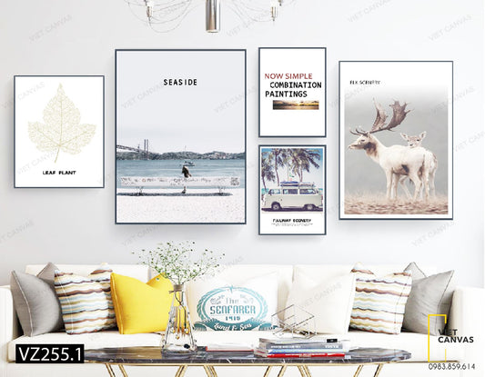 Bộ 5 Tranh Hươu, Lá Cây, Xe Lam, Bầu Trời Xanh Và Quotes - VZ255.1