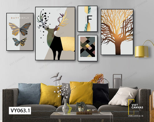Bộ 5 Tranh Hươu, Lông Vũ, Bướm Và Cây Khô - VY063.1