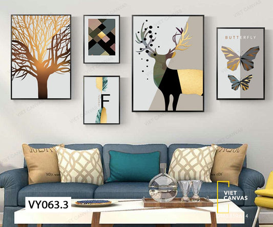 Bộ 5 Tranh Hươu, Lông Vũ, Bướm Và Cây Khô - VY063.3